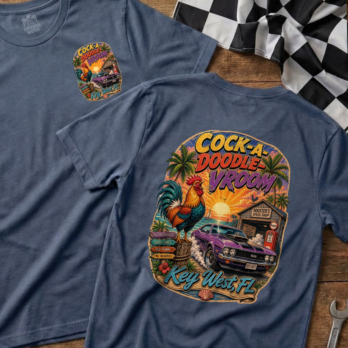 T-shirt graphic: rooster and purple muscle car at Key West beach with text.