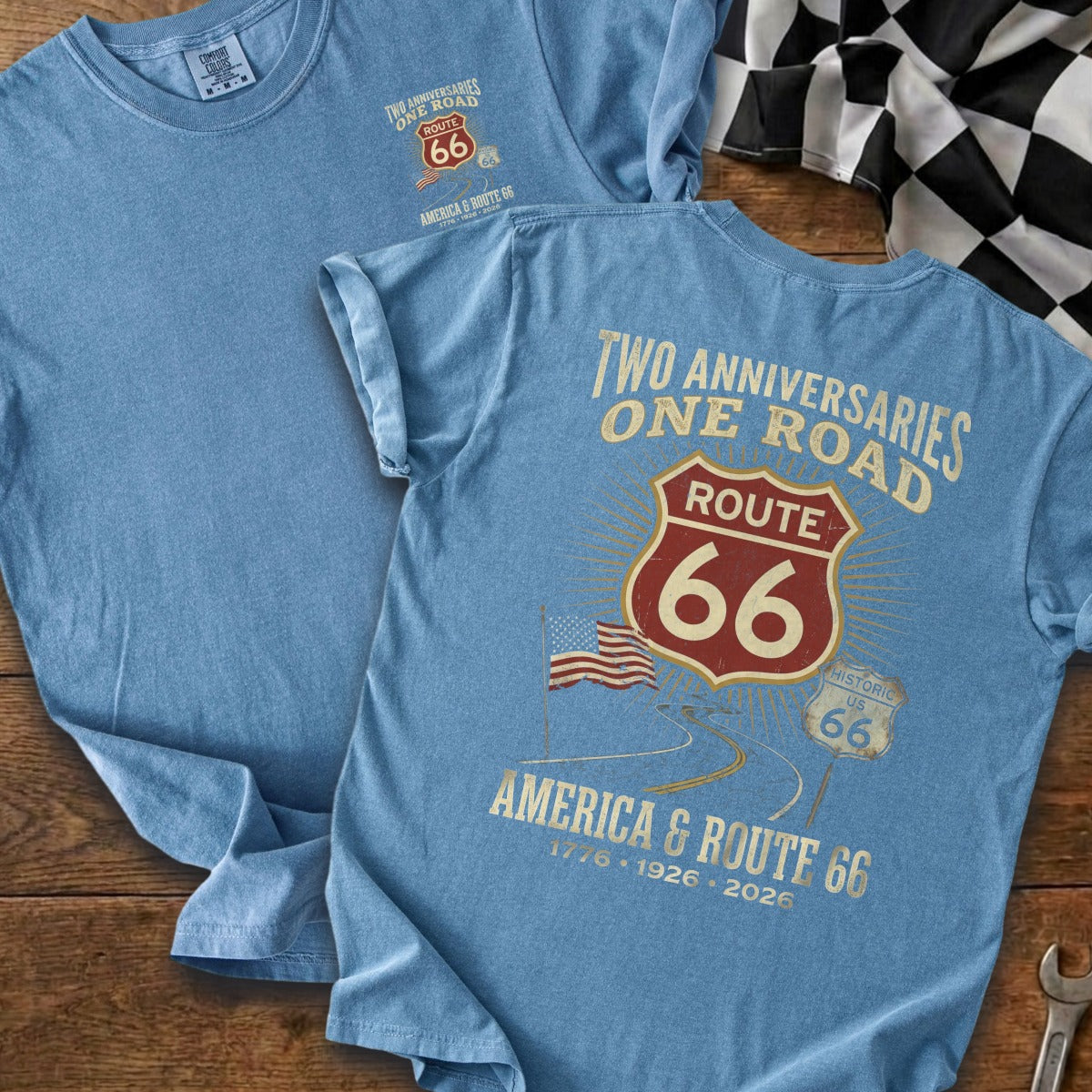 Blue t-shirts with Route 66 design celebrating America & Route 66 anniversaries.