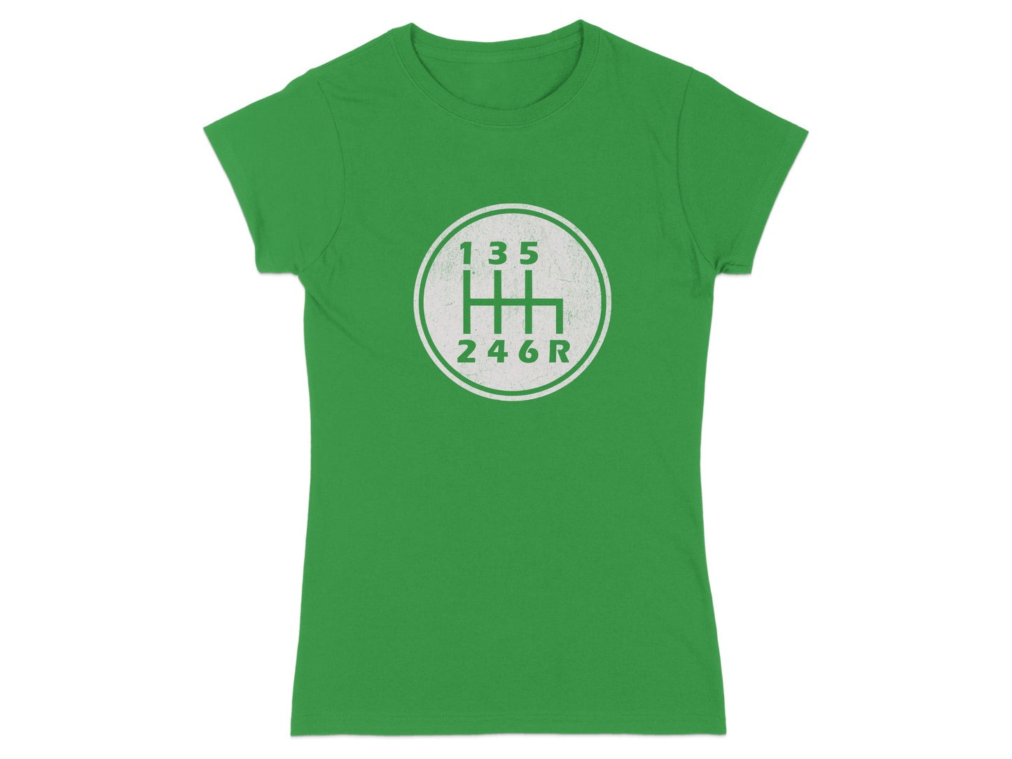 Green t-shirt with a white manual gear shift pattern graphic.