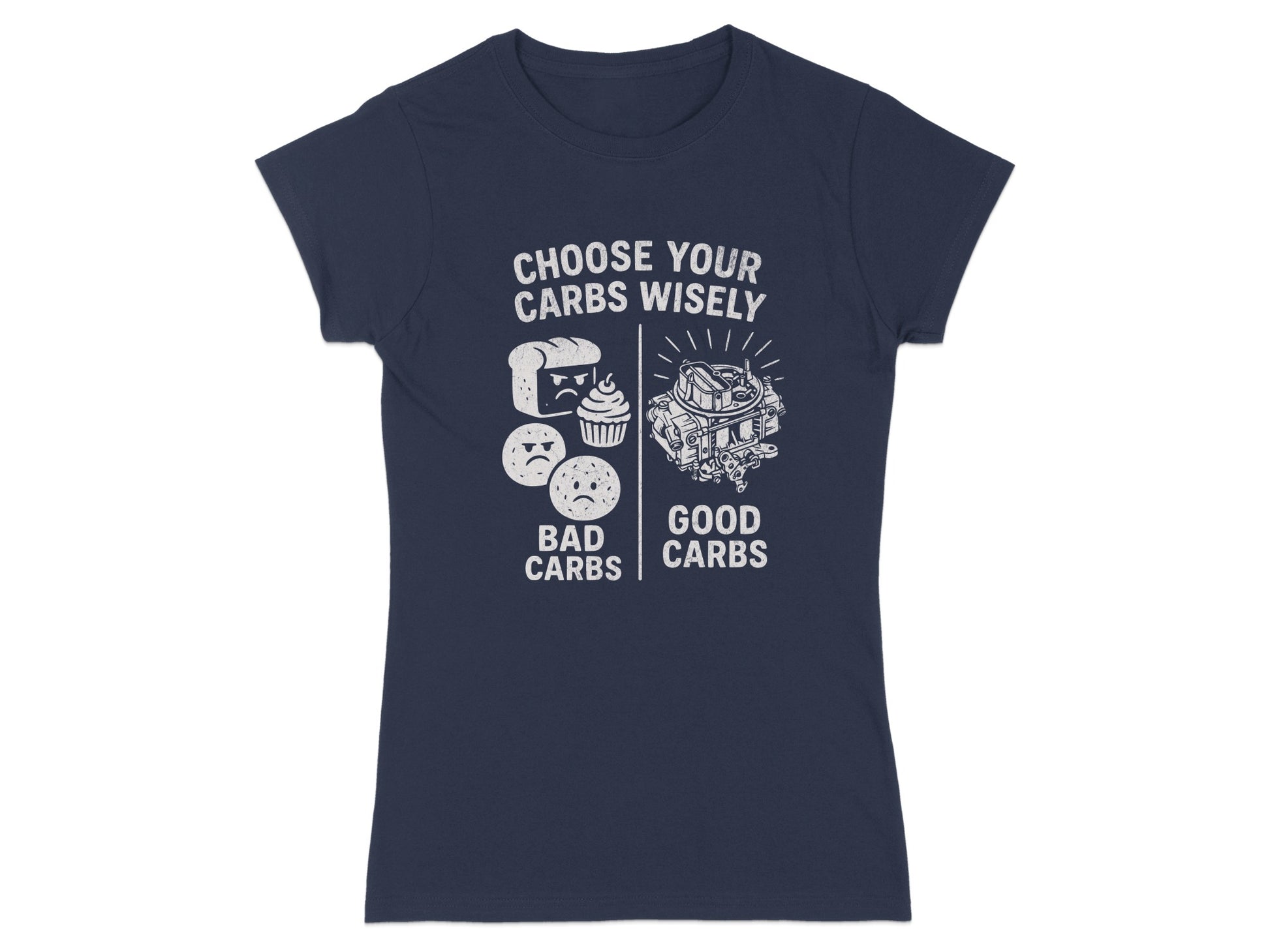 Navy t-shirt with "CHOOSE YOUR CARBS WISELY" and graphics of bad and good carbs.