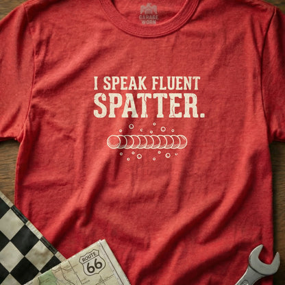 Red t-shirt with white text "I SPEAK FLUENT SPATTER."