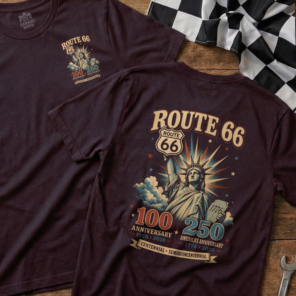 T-shirt with Statue of Liberty and Route 66, celebrating 100 and 250 anniversaries.