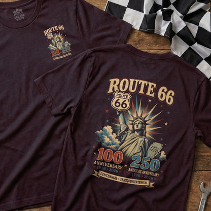 T-shirt with Statue of Liberty and Route 66, celebrating 100 and 250 anniversaries.