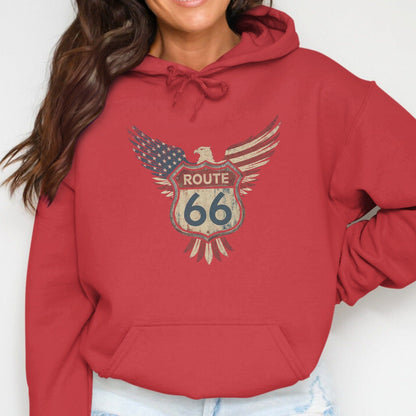 Red hoodie with Route 66 eagle shield graphic on chest.