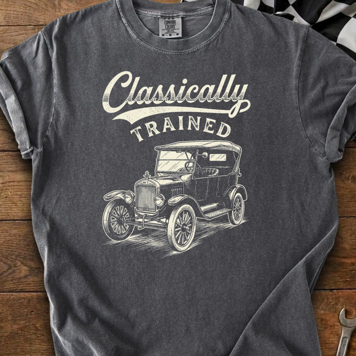Charcoal t-shirt with "Classically Trained" text and vintage car graphic.