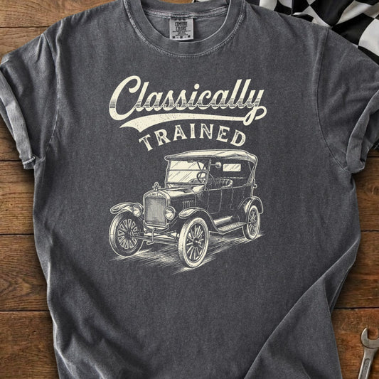 Charcoal t-shirt with "Classically Trained" text and vintage car graphic.