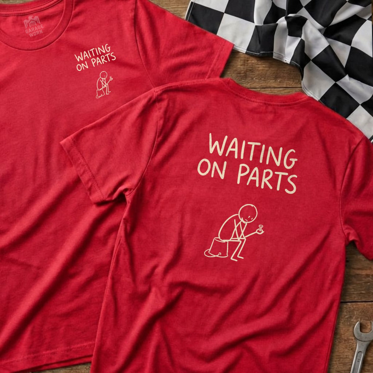 Red t-shirts with "WAITING ON PARTS" text and a stick figure illustration.