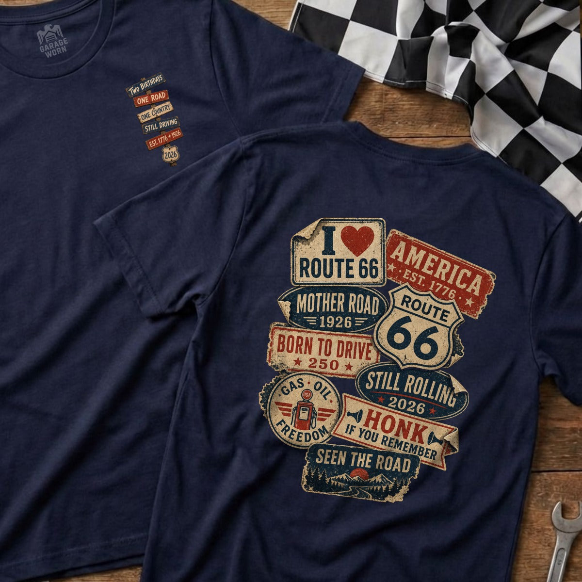 Navy t-shirts with Route 66 and American-themed graphics.