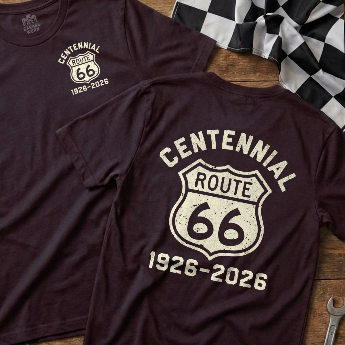 Two maroon t-shirts with Route 66 centennial logo and dates.