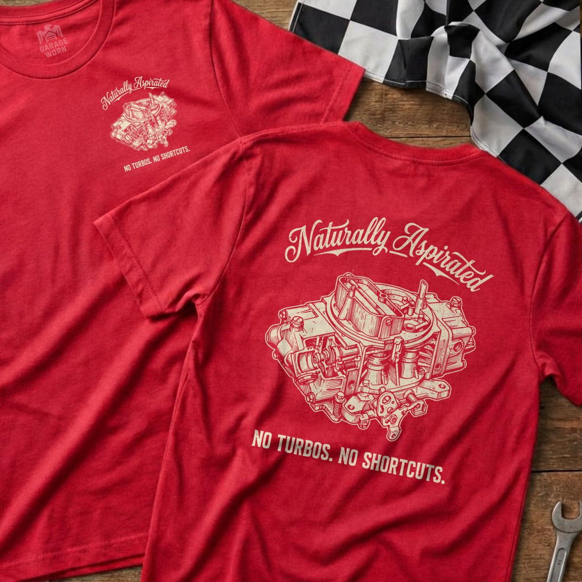 Red t-shirt with "Naturally Aspirated" and carburetor graphic.
