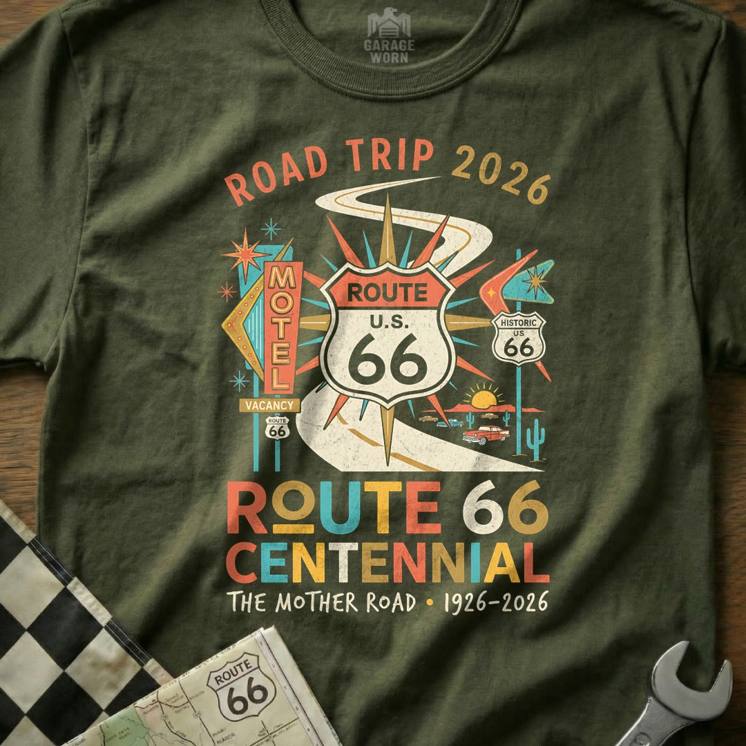 Route 66 Centennial 1926-2026 graphic t-shirt.