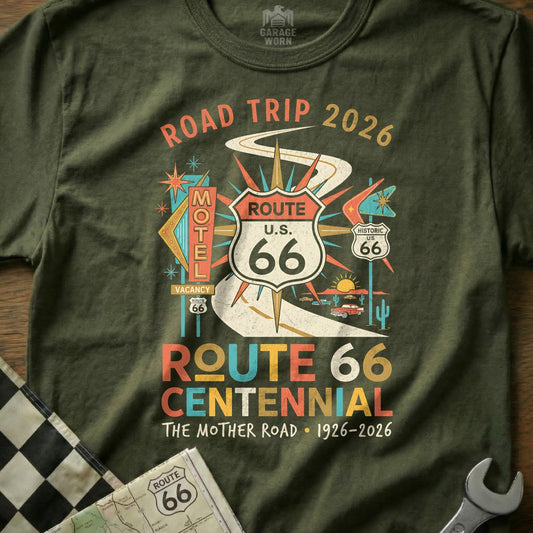 Route 66 Centennial 1926-2026 graphic t-shirt.