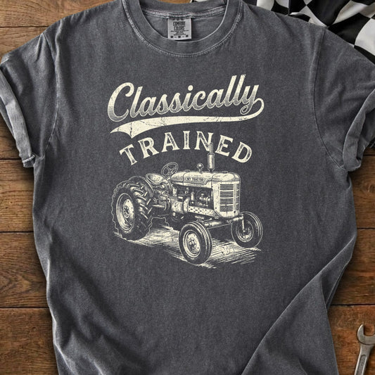Dark gray t-shirt with "Classically TRAINED" text and vintage tractor graphic.