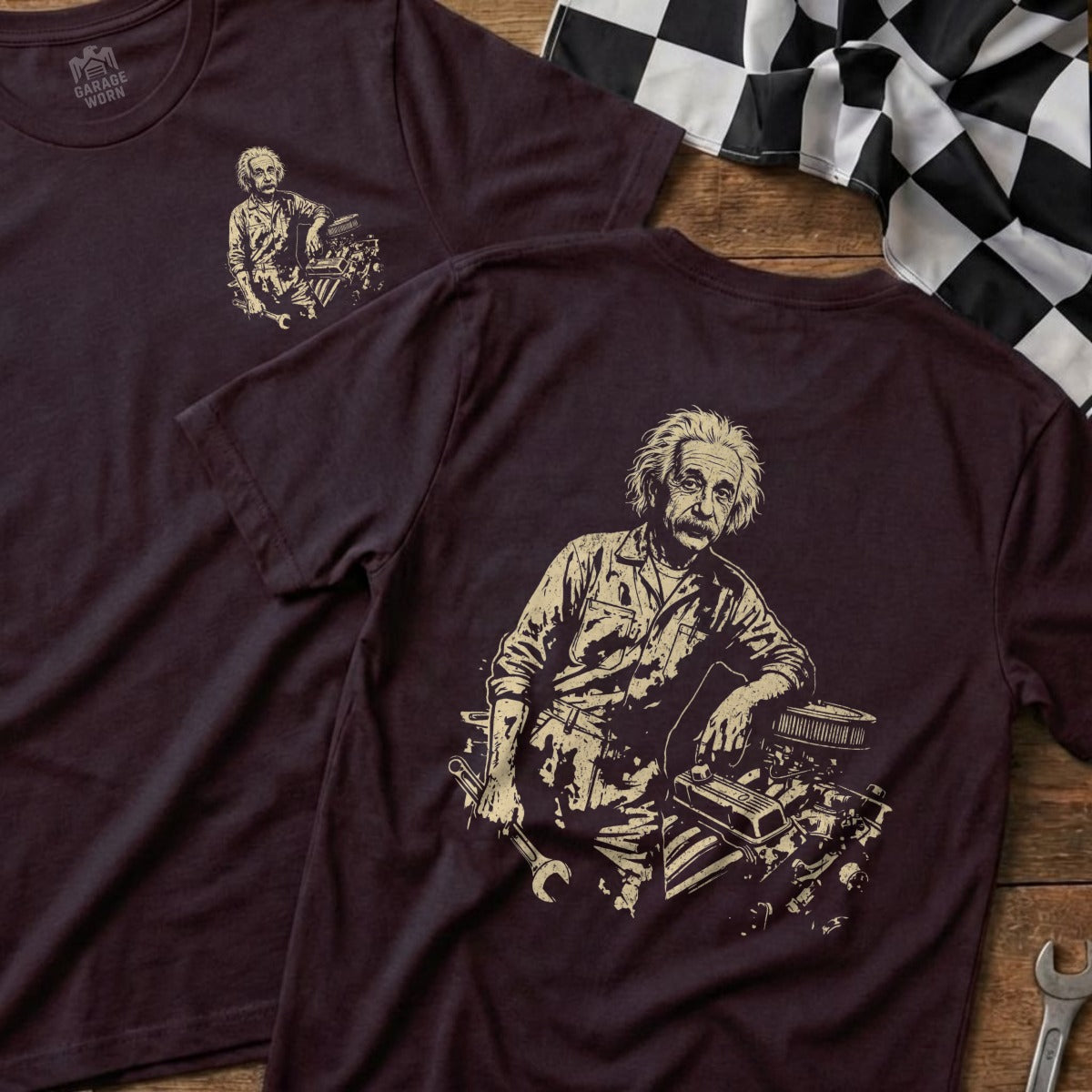 T-shirt with Albert Einstein leaning on an engine, holding a wrench.