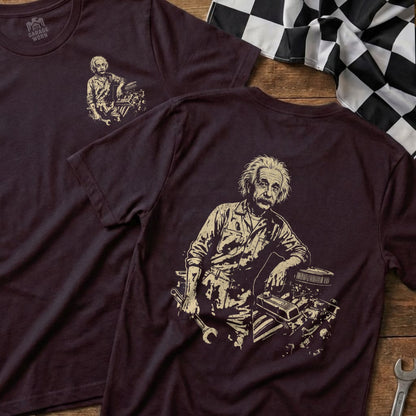 T-shirt with Albert Einstein leaning on an engine, holding a wrench.