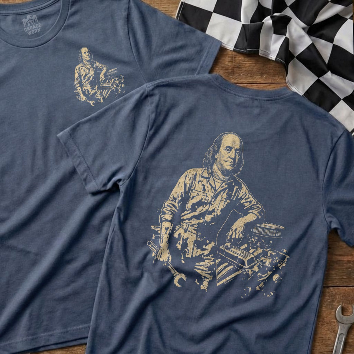 T-shirt with Benjamin Franklin mechanic graphic and "Garage Worn" text.