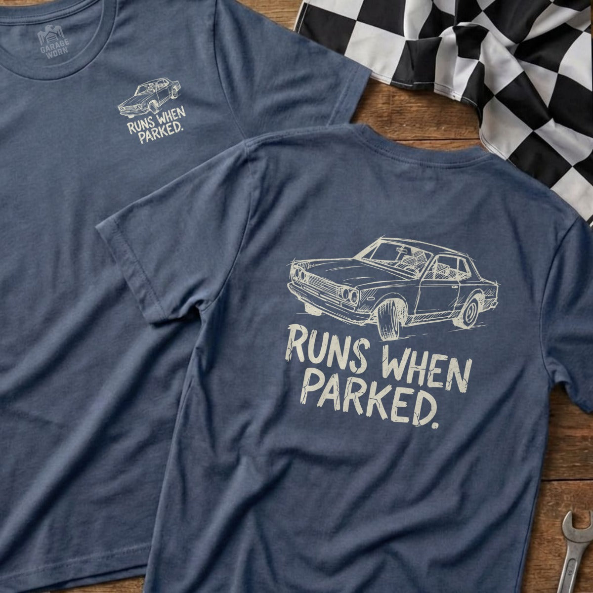 Blue t-shirts with "Runs When Parked" text and car graphic.