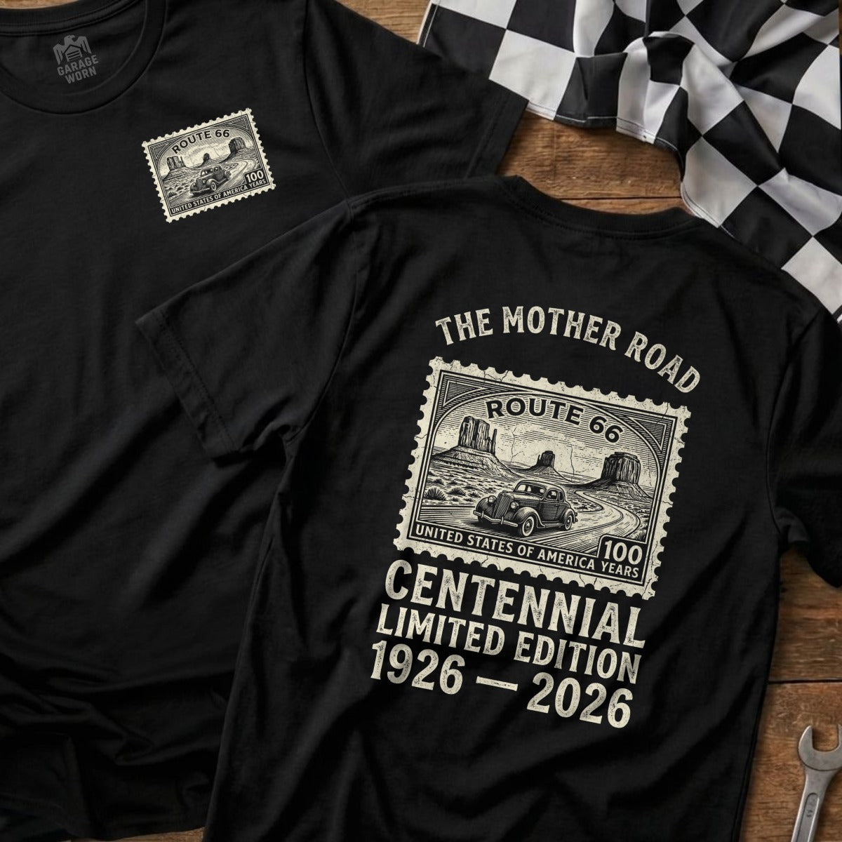 Route 66 Centennial Limited Edition 1926-2026 t-shirt with stamp graphic.