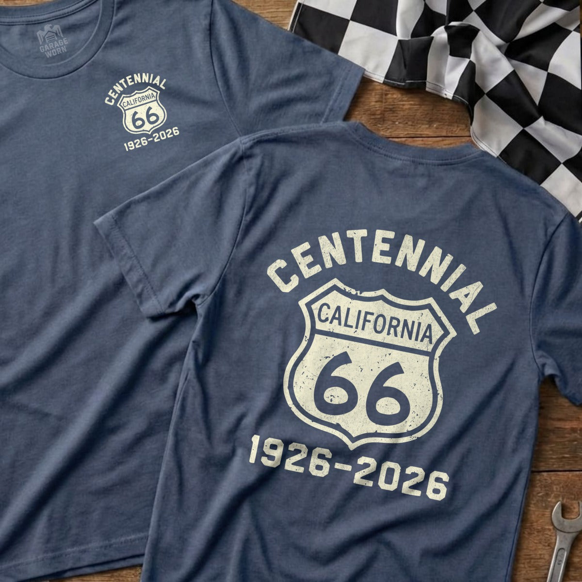 Two navy blue t-shirts with "Centennial California 66 1926-2026" graphic.