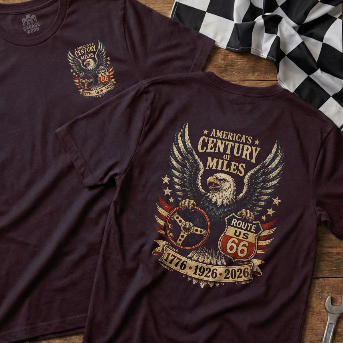 Eagle with steering wheel and Route 66 on a maroon t-shirt.