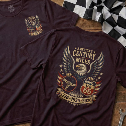 Eagle with steering wheel and Route 66 on a maroon t-shirt.