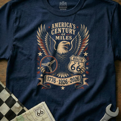 America's Century of Miles Route 66 eagle steering wheel t-shirt.