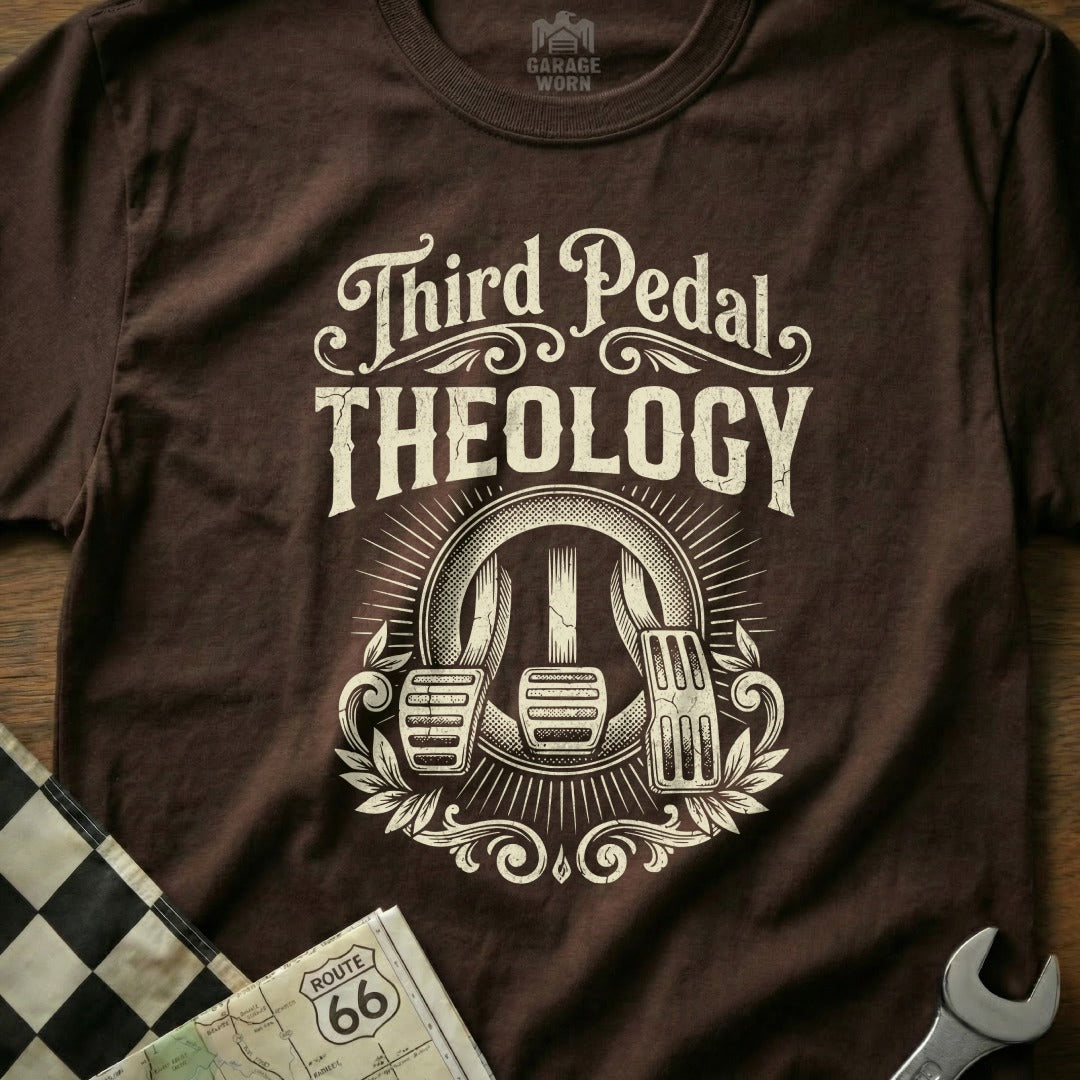Brown t-shirt with "Third Pedal Theology" and clutch, brake, gas pedals design.