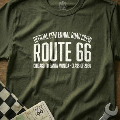 Green t-shirt with "Route 66 Centennial Road Crew" and "Chicago to Santa Monica" text.