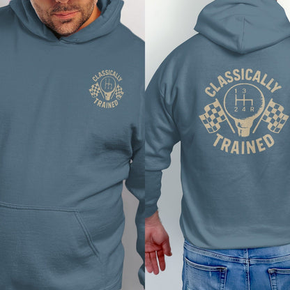 Blue hoodie with "Classically Trained" text and stick shift graphic.
