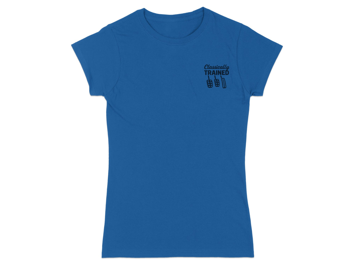 Blue t-shirt with "Classically Trained" text and pedal graphic.