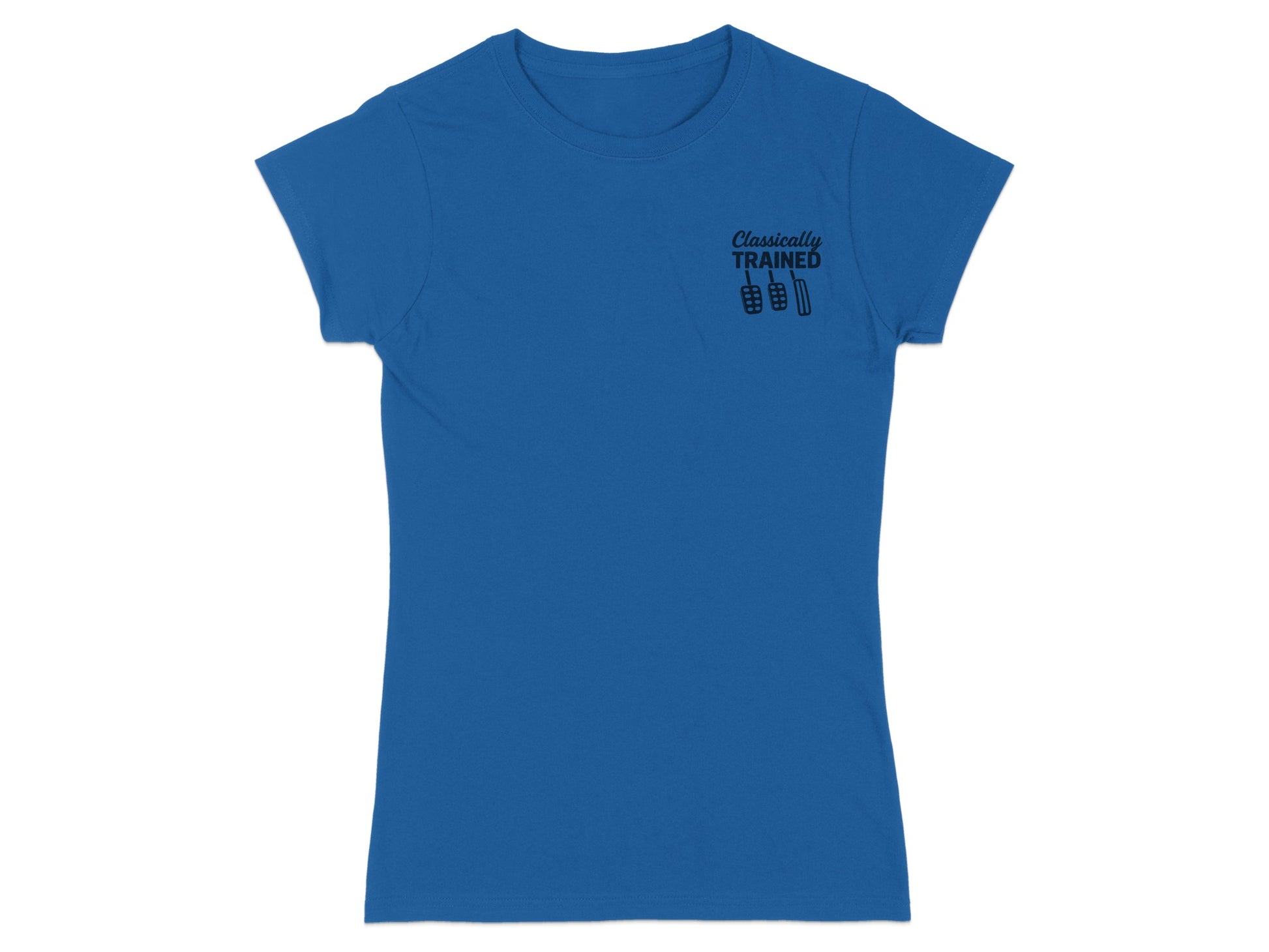 Blue t-shirt with "Classically Trained" text and pedal graphic.