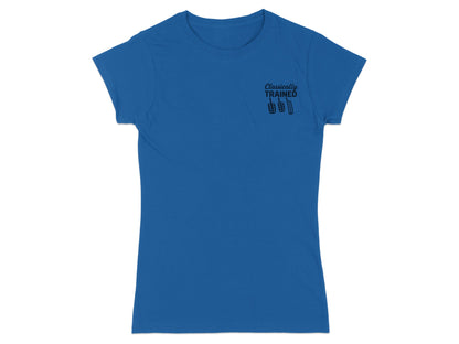 Blue t-shirt with "Classically Trained" text and pedal graphic.