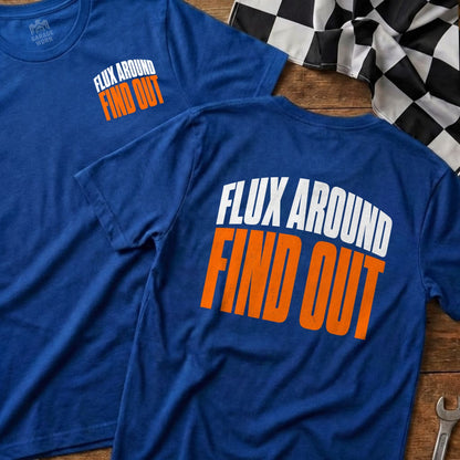 Blue t-shirt with white and orange "FLUX AROUND FIND OUT" graphic and racing flag.