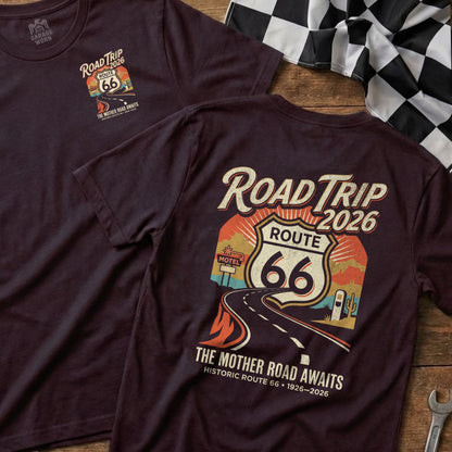 Route 66 graphic tee with "Road Trip 2026" and desert sunset scene.