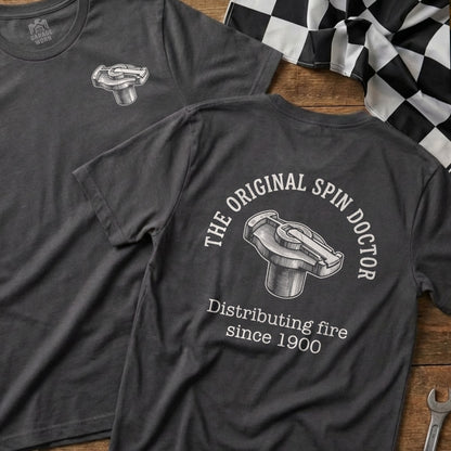 Dark gray t-shirt with "The Original Spin Doctor" and distributing fire since 1900.