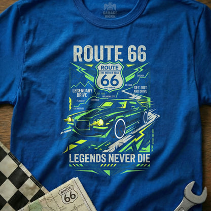 Blue t-shirt with Route 66 graphic featuring a car and city names.