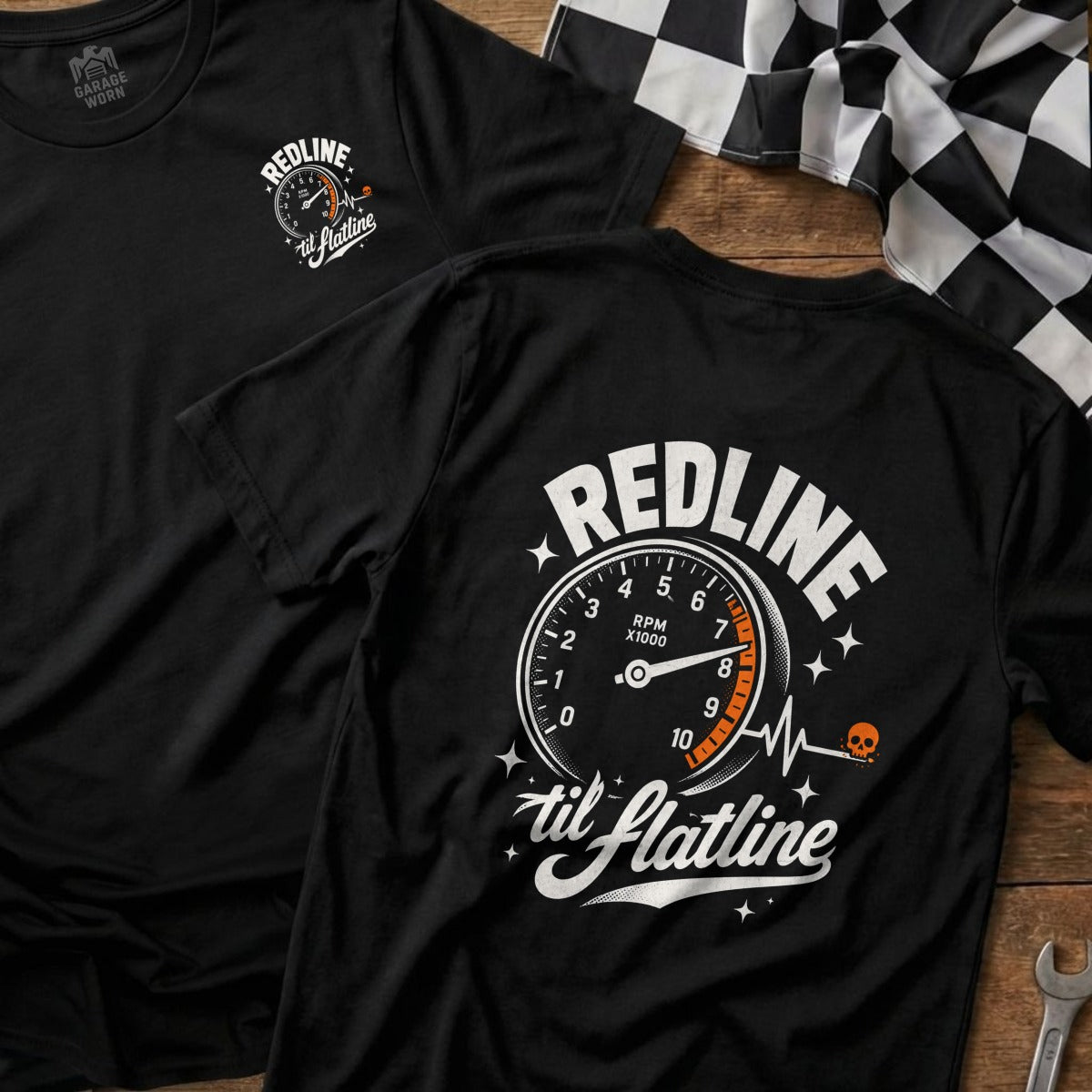 Black t-shirt with "REDLINE til flatline" and speedometer graphic.