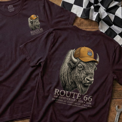 Route 66 anniversary t-shirt featuring a bison wearing a baseball cap.