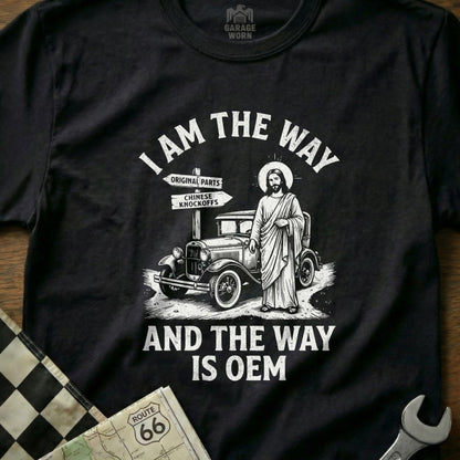 T-shirt with Jesus, vintage car, and text "I AM THE WAY AND THE WAY IS OEM".