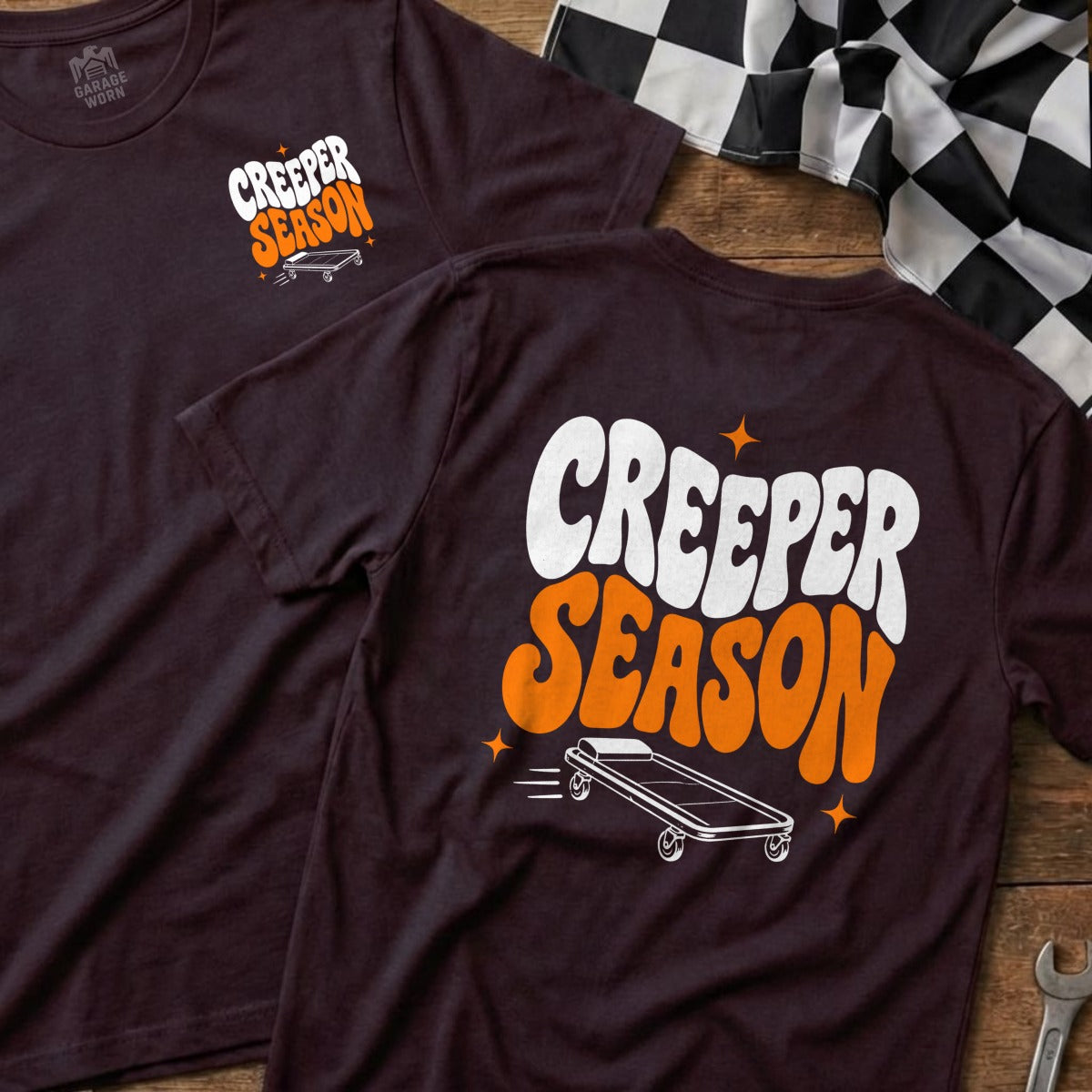 Dark t-shirts with "CREEPER SEASON" text and a rolling cot graphic.