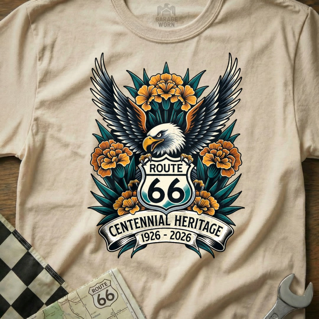 T-shirt featuring a Route 66 Centennial Heritage design with an eagle and flowers.