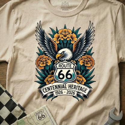 T-shirt featuring a Route 66 Centennial Heritage design with an eagle and flowers.