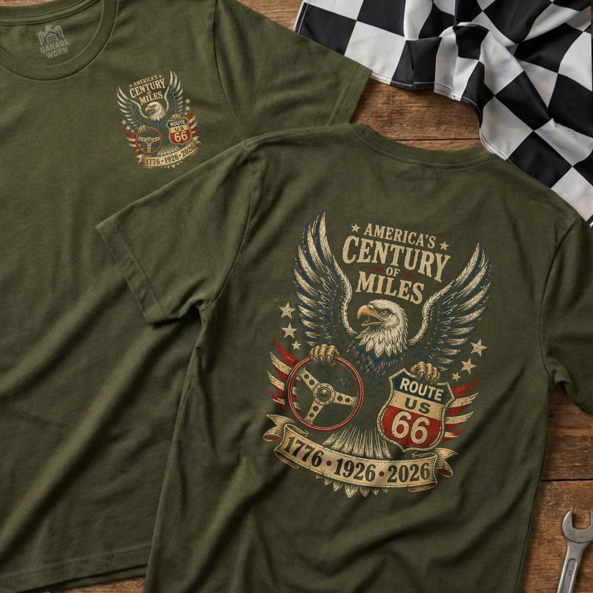 Olive green t-shirt with eagle, steering wheel, and Route 66 text.