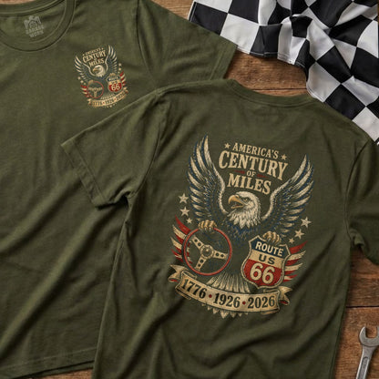Olive green t-shirt with eagle, steering wheel, and Route 66 text.