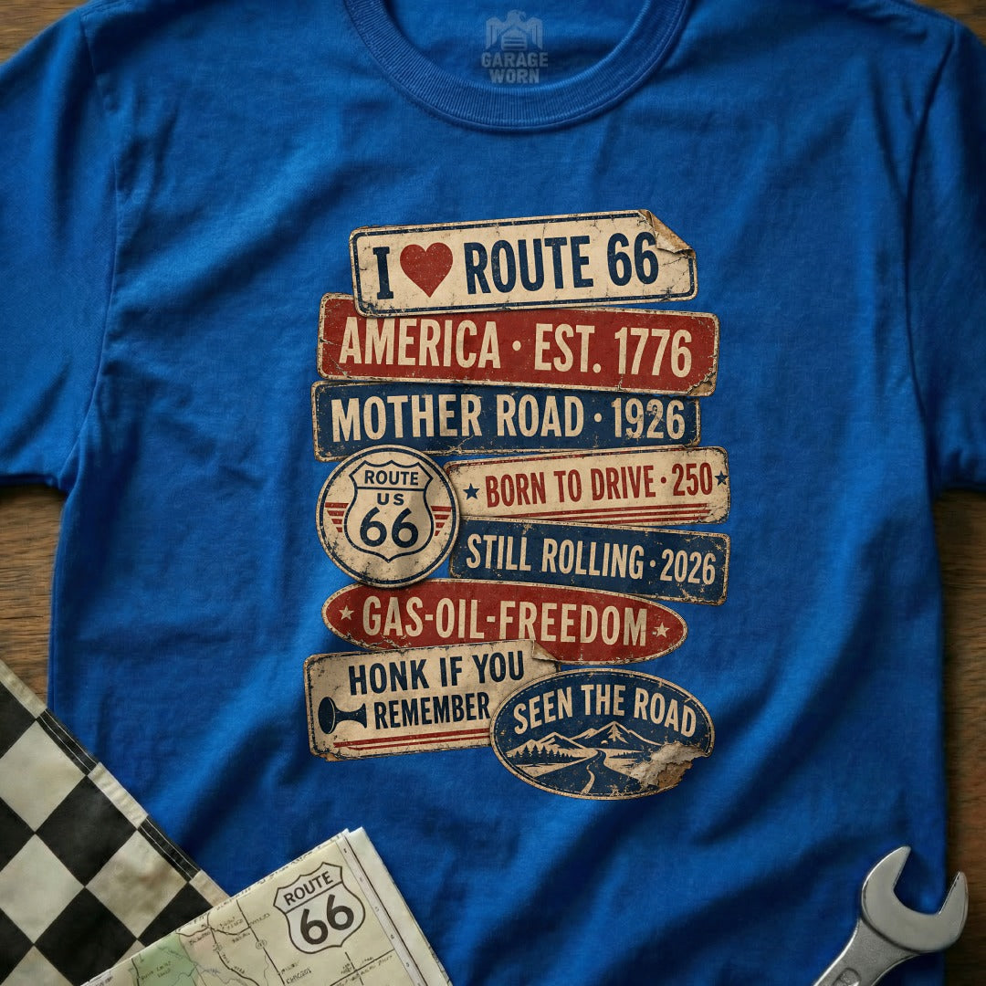 Blue t-shirt with Route 66 and American landmarks graphic.