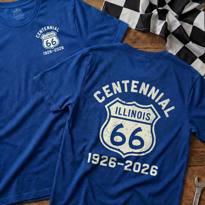 Blue t-shirt with "Centennial Illinois 66 1926-2026" logo on back.