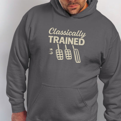 Dark grey hoodie with "Classically Trained" and clutch, brake, gas pedals graphic.