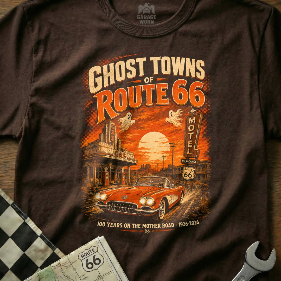T-shirt graphic: Ghost Towns of Route 66 with vintage car and motel.