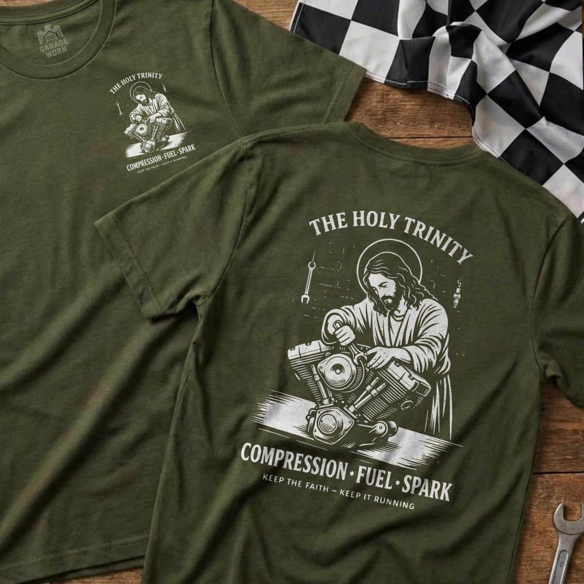 THE HOLY TRINITY COMPRESSION FUEL SPARK product type
Holy Trinity, Compression Fuel Spark, Jesus Mechanic, Motorcycle Engine, Biker Culture, Garage Worn, Keep The Faith, Keep It Running, Automotive Design, Vintage Biker, Retro Motorcycle, Motorhead Apparel, Engine Work, Spiritual Biker, Faith Inspired, Wrenches Spark Plug, Custom Motorcycle, Olive Green Tee, Graphic Apparel, Mechanic Art