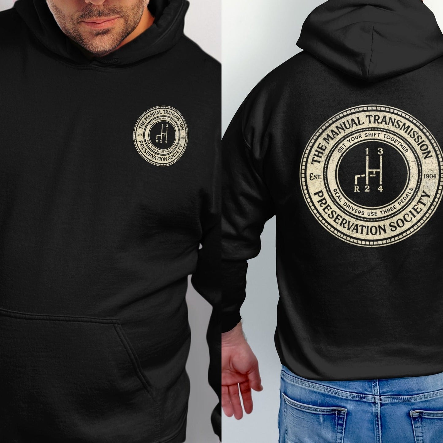 Black hoodie with "The Manual Transmission Preservation Society" logo featuring a gear shift pattern.
